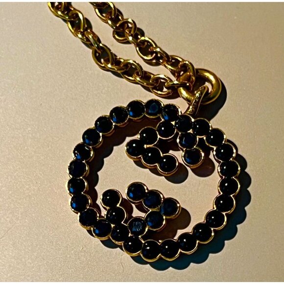 Gucci Black Resin & Crystal Interlocking G Pendant 31" Gold Tone Necklace & Box - Picture 11 of 11